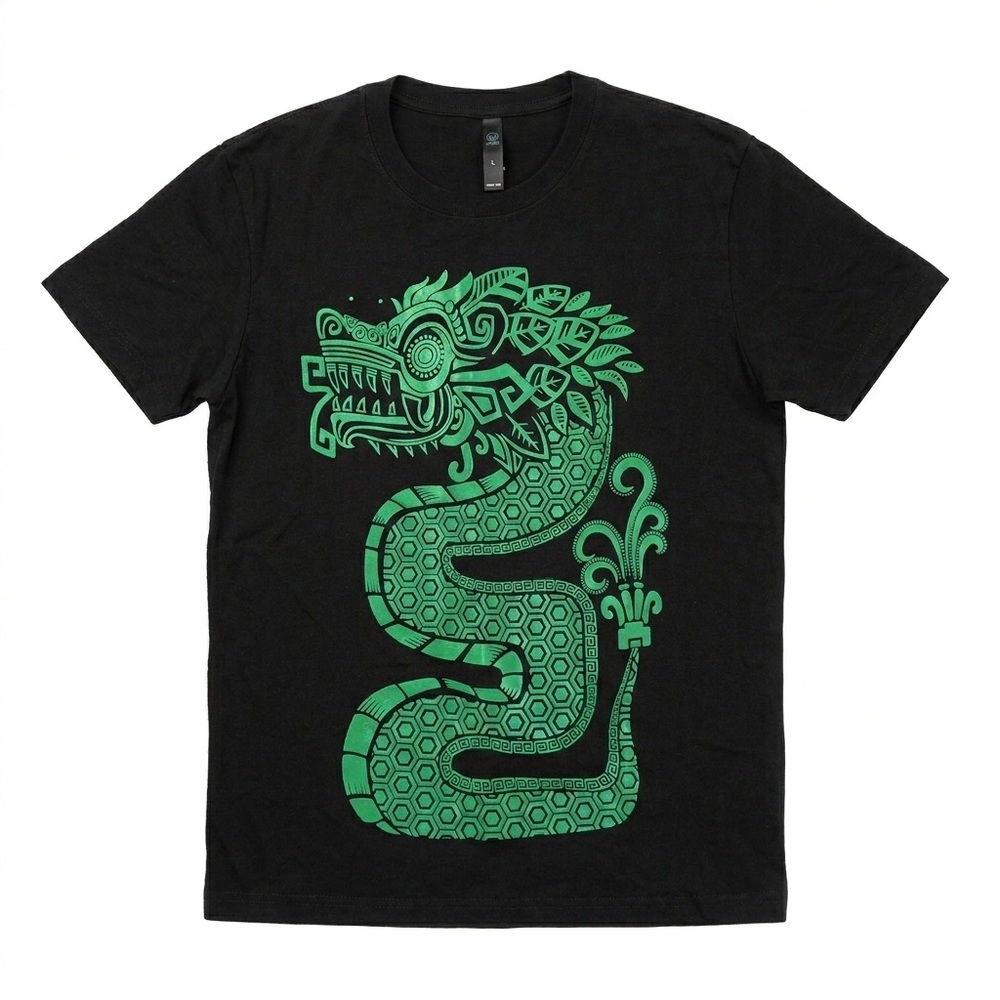 Codigo Black Cotton T-Shirt Green Aztec Inspired Dragon Graphic Men’s L